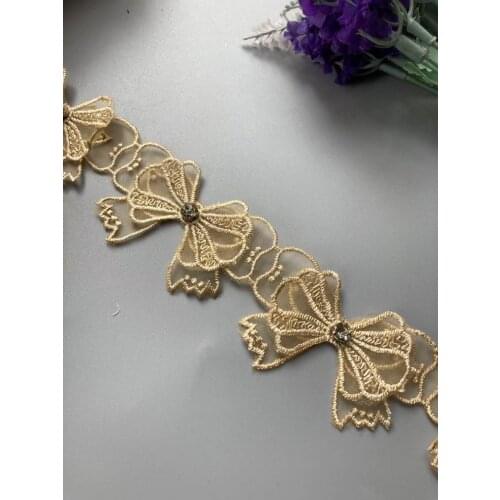 1 Yard 7cm Gold Mesh Bowknot Rhinestones Embroidered Lace Trim Ribbon Patches Applique Fabric DIY Wedding Dress Sewing Supplies