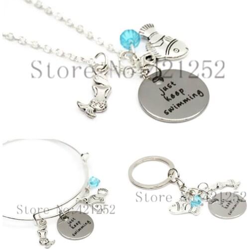 12pcs/lot Just keep swimming necklace litter mermaids fish charm pendant necklace bangle keyring