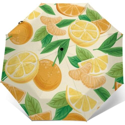 Automatic Umbrella Rain Women Three-folding Umbrella Lemon Leaves Pattern Windproof Umbrella Female Waterproof parasol