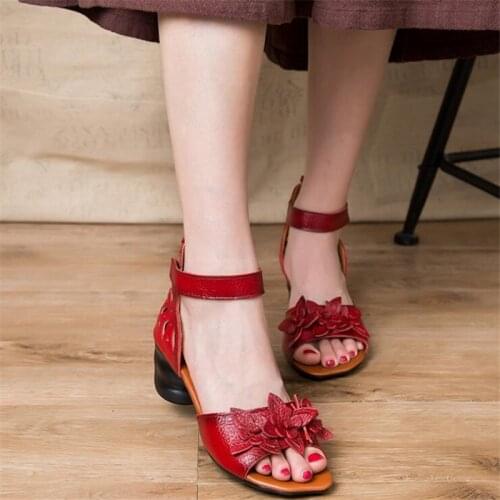 Summer New Sandals Genuine Leather Womens Shoes Thick Heel Fish Mouth Mother Shoes Handmade Flower Soft Womens Sandals