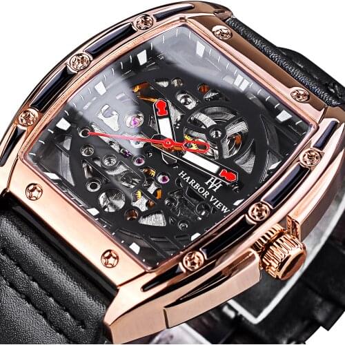 HARBOR VIEW Waterproof Men Automatic Mechanical Wristwatch Black Skeleton Military Watches Genuine Leather Hollow Outdoor Watch
