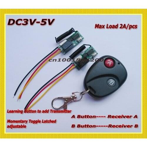 DC3V-DC5V Relay Mini 2Receiver Transmitter RF Remote Control Switch System 2A Relay Switch Learning Code Momentary Toggle Adjust
