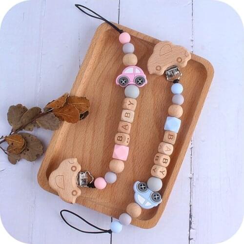 Personalised Name Dummy Clip Wooden Beads Teether Holder Chewing Necklace Pendant Custom Name Teething Pacifier Nipple Holder