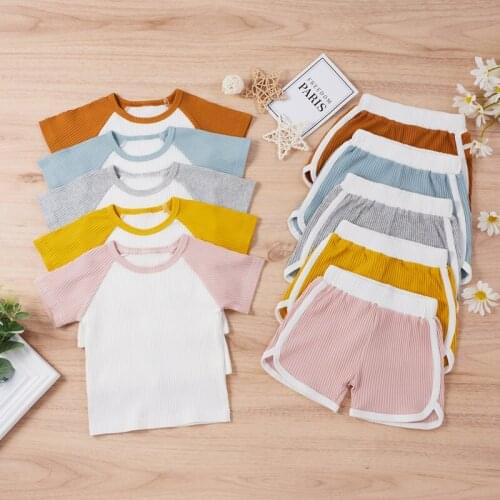 Fashion New 2021 Summer Kids Children Clothes Set Unisex Round Collar Ribbed Pullover Tops+Shorts 2PCS Toddler Infant Outfits