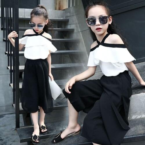 12 year teenage girls clothes set sling t shirts+wide leg pants 2pcs children clothing Chiffon american girls princess white