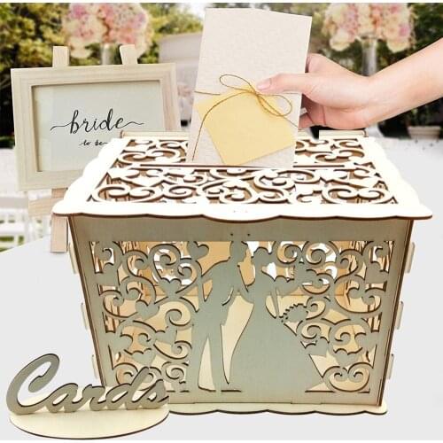 DIY Wedding Card Box Wooden Couple Money Boxes with Lock Hollow Floral Pattern Wedding Decor Gift Envelope Birthday Supplies