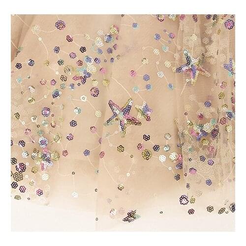 LASUI NEW 3y=1lot Colorful starry star 3mm sequins apricot embroidery mesh lace fabric Shining Sexy party dress W0060