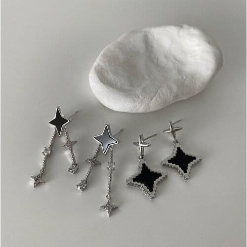 Minar Stylish Black Star Metallic Dangle Earring for Women Girls Shinning Rhinestone Silver Color Long Tassel Earrings Jewelry