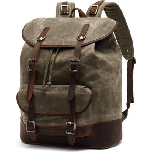 Mens Leather Backpacks For Men Large Capacity Backpack Army Military Vintage Waxed Canvas School Bags For teens Travel Rucksack
