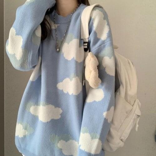 Autumn Winter Design New Women Long Seeve V-Neck Oversize Pullovers Sweater Knitted Cloud Print Sky Blue Casual Sweaters