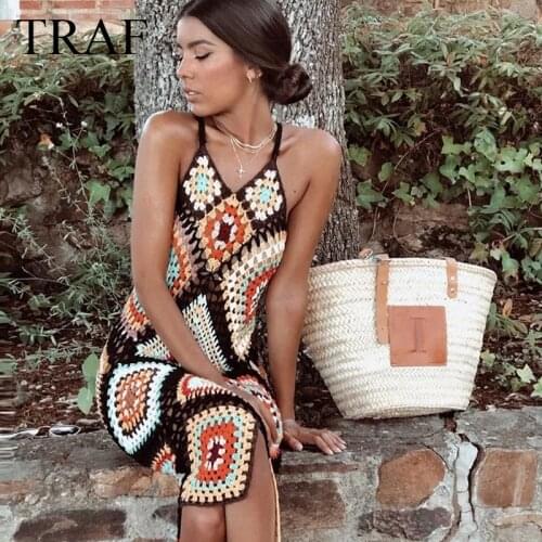 TRAF ZA Womens Clothing Dress Summer Women Indie Folk Vintage Crochet Hook Handmade Knitted Colorful Sexy Beach A-Line Dress