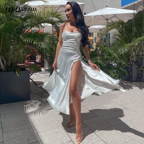 Free Shipping High Quality Midi Satin Dress Women Sexy Spaghetti Strap Square Neck Halter Lace-up Split Dress Club Party Vestido