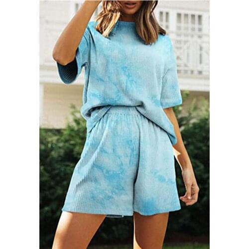 Summer Ladies Fashion Tie-Dye Gradient Suit Loose Casual Round Neck Short-Sleeved T-Shirt + High Waist Shorts Two-Piece Set