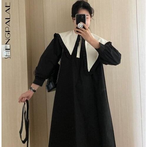 SHENGPLLAE Big Lapel Contrast Color Dress Womens Spring 2021 New Loose Lace Up Waist Puff Sleeve Female Mid-calf Dress 5B335