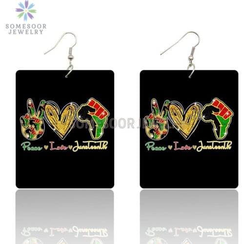 SOMESOOR Peace Love Juneteenth African Wooden Drop Earrings Black Freedom Arts Printed Pendant Dangle Jewelry For Women Gifts