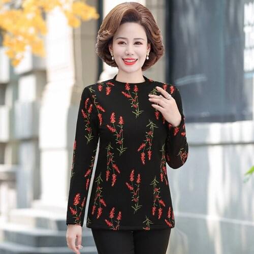 Warm Thick Women Pullover Middle Age Mother Winter Velvet Clothing Bottom Shirt Floral Printed Long Sleeve T-Shirts Tops