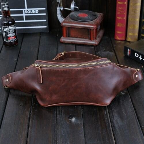 Mens Vintage Waist Pack Chest Bag Male Small Fanny Pack Casual Man Belt Pouch Fashion Brown Fanny Bags Crazy Horse PU Leather