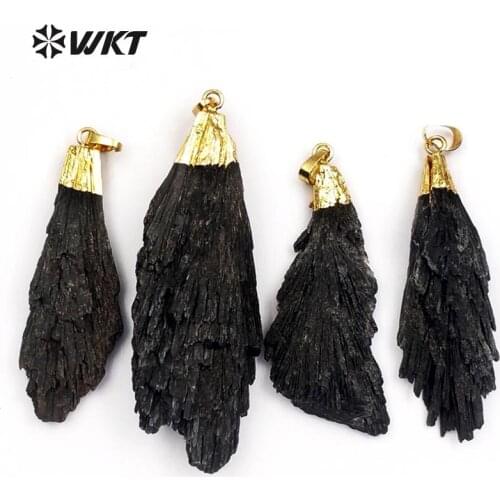 WT-P790 Random Shape Natural Black Kyanite With Gold Capped Pendant Feather Shape Black Stone Pendant Women Trendy Jewelry