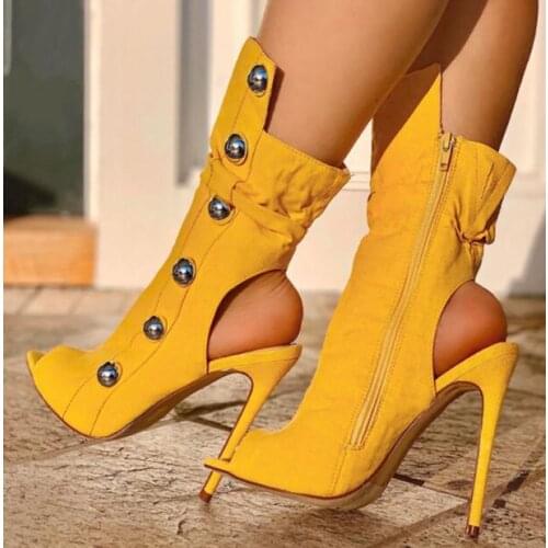 Dipsloot Hot Girls Yellow Peep Toe Slingback Rivets Short Boots Woman Fashion Zipper Side Cuts Out Stiletto Heels Ankle Boots