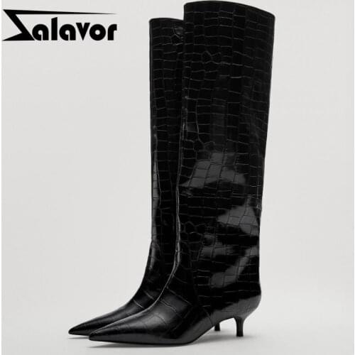 Zalavor Women Knee High Boots Real Leather 2022 New Winter Heels Shoes Womans Sexy Party Office Lady Footwear Size 35-42