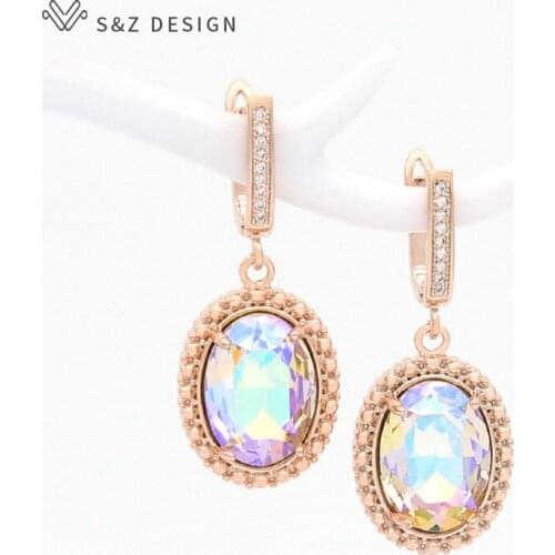 S&Z DESIGN Korean Vintage Elegant Oval Crystal Dangle Earrings For Women Wedding Jewelry Egg Shape 585 Rose Gold Eardrop Gift