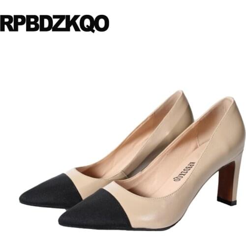 Women High Heels Pumps Office Nude Shoes Multi Colored Work Size 33 Genuine Leather Runway Thick 2019 3 Inch Medium Pointed Toe