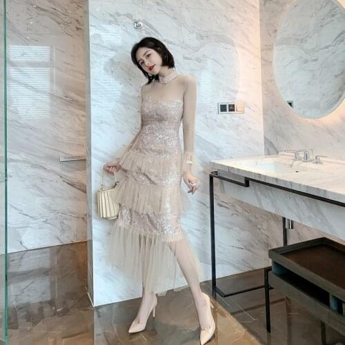 2020 Woman Autumn Sexy Pink Dresses for Women Mesh Patchwork Long Sleeve Midi See Through Tube Dress Ladies Sequin Sheer Dress