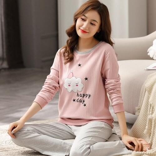 Winter 100% Cotton Pajama for Women Full Sleeves Pijamas Women Pure Cotton Sleepwear Cute Round Neck Cartoon White Pyjama Femme