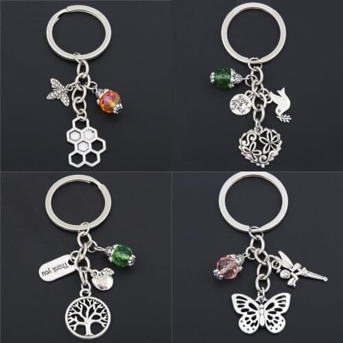 1pc Butter Keychains With Flower Fairy Tree Thank You Charms Bee Keyring With Colorful Beads Nature Jewelry