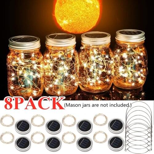 8 Pack Solar Mason Jar Lights with 8 Handles 10 Leds String Fairy Firefly Lights Lids Insert for Regular Mouth Jars Garden decor