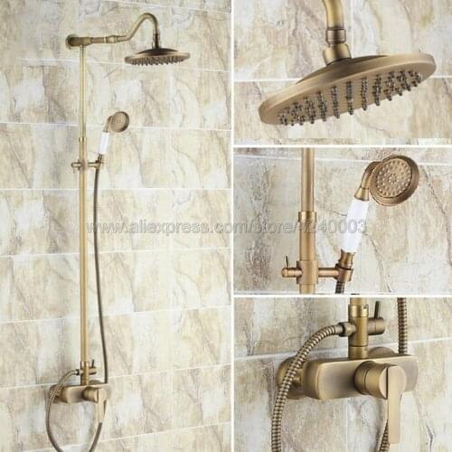 Antique Brass Wall Mounted Bathroom Shower Faucet Round Rain Shower Head W/Hand Shower Mixer Tap Krs206