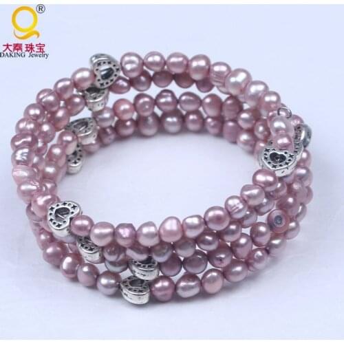 Handcraft mixed color cultured freshwater pearl bracelets multiple layer genuine pearls with love shape metal decorate bangle