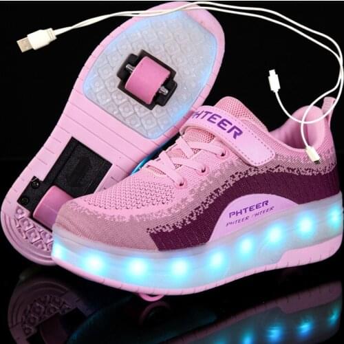 Blue Pink Black USB Charging Fashion Girls Boys LED Light Roller Skate Shoes For Children Kids Sneakers With Wheels Two wheels
