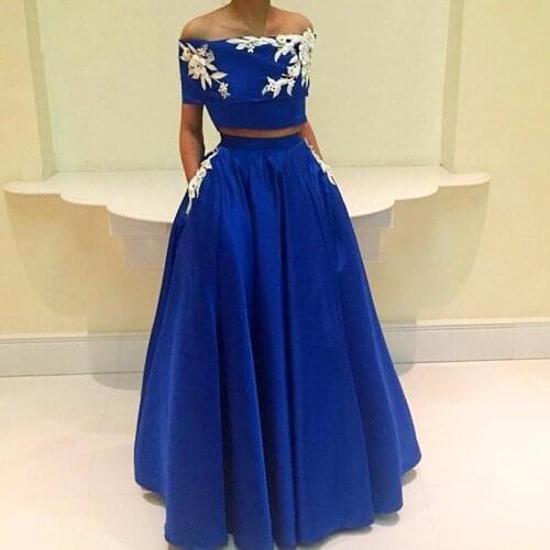 Royal Blue Muslim Evening Dresses 2019 A-line Two Pieces Flowers Elegant Islamic Dubai Kaftan Saudi Arabic Long Evening Gown