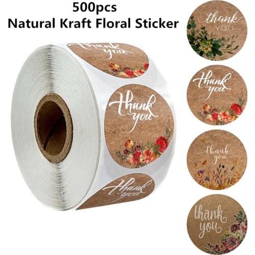 Beautiful Natural Kraft Round Flowers Thank You Stickers Labels Scrapbooking for Package Baking Stationery Sticker 500pcs/Roll