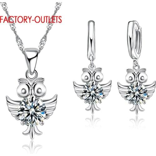 Whimsy Owl Design Cubic Zircon Crytsal Pendant With 925 Necklaces Earrings Jewelry Set For Birthday Gifts