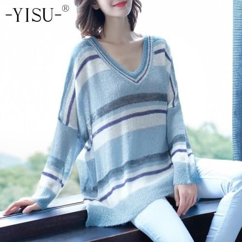 YISU Fashion Striped sweater Women 2021 Autumn Winter New Style V-Neck Long Sleeve Jumper Casual Pullover sweater Women