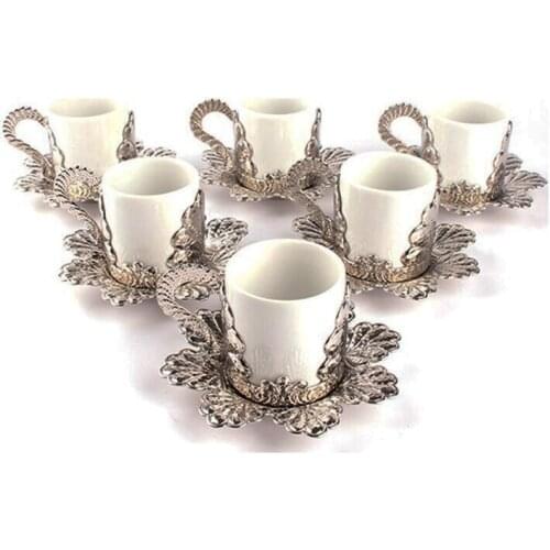 Set 6 Person Turkish Greek Arabic Coffee Espresso Cup Saucer Cup Holder Gold Silver Ottoman Design High Quality Zamac Porcelain