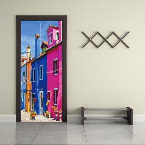 Venice Street Blue House European Door Stickers 77x200cm Home Decor Door Mural Self Adhesive PVC Wallpaper Wooden Door 3D Decal