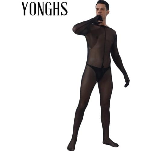 Lingerie Bodystocking Mens See-through Mesh Zipper Crotch Bodysuit Sheer Transparent Skinny Jumpsuits Nightclub Sexy Costumee