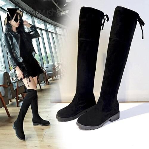 Bow-Knot over-the-Knee women boots chunky heels slim long tube botines mujer 2020 stovepipe flock stretch sock boots women shoes