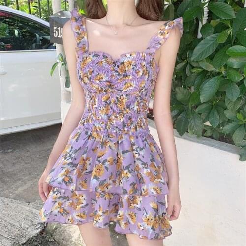 Sling Floral Dress Women Chic Purple Kawaii Mini Beach dress Summer Backless Bohemian Ruffle Spaghetti Strap Dress Sundress