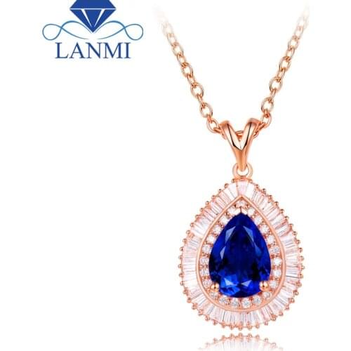 Real Solid 18K Rose Gold Loving Natural Tanzanite Wedding Pendant Necklace Baguette Diamond for Women Engagement Jewelry Gift