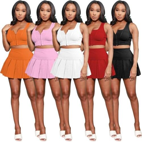 Casual Skirt Dress Set Pleated Mini Dress And Tank Top Front Zipper Sleeveless Streetwear Solid Color Matching Set Outfit