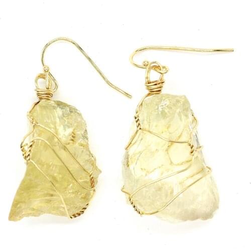 Trendy-beads Light Yellow Gold Color Wire Wrap Irregular Shape Natural Lemon Crystal Drop Earrings