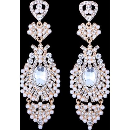 FARLENA Wedding Jewelry Leaf shape Drop Earrings with Crystal Rhinestones for Women Elegant Bridal Simulated Pearl Earrings