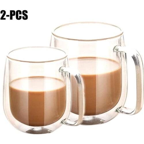2Pcs Double Wall Heat-Resistant Couples Lovers Coffee Mugs Brief Glass Insulated Milk Tea Cups Glass Mugs Drinking Utensils