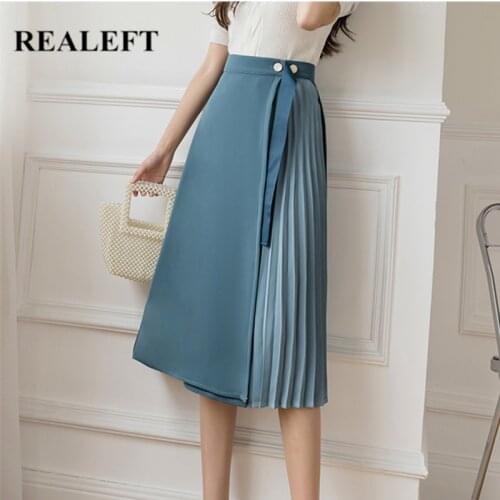 REALEFT 2021 New Womens A-Line Skirts Elegant Fashionable Solid Color Pleated High Waist Office Ladies Casual Skirts Autumn