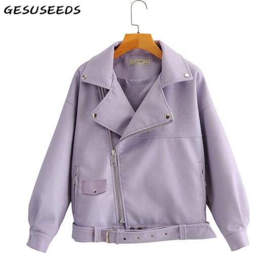 Pink leather jacket women loose pu faux leather coat lady motorcycle jacket zipper sashes coat trench black jacket autumn 2020