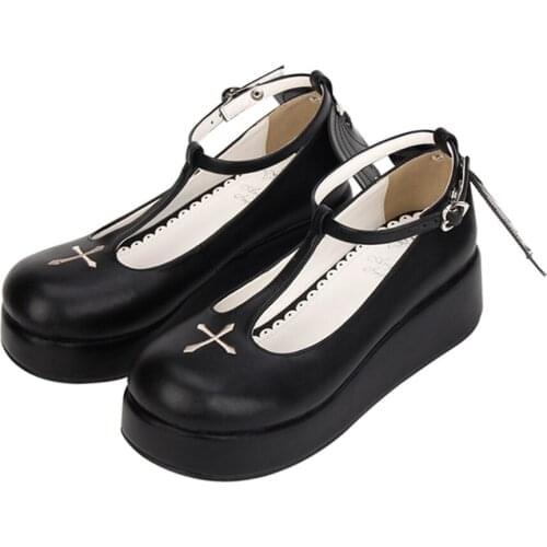 Womens Lolita Round Toe Gothic Cross Embroidery Punk Pumps Platform Bat Wings Shoes Creepers Japanese Harajuku Cosplay 2021